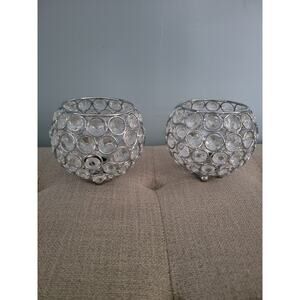 Round Glimmering Gem Centerpiece, Candle Holder, Vanity Décor, Chrome Set Of 2